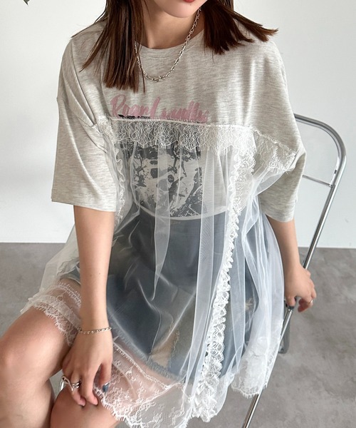 apres jour mignon（アプレジュールミニョン）の「チュールレースドッキングTシャツ【ZOZOTOWN限定アイテム】（Tシャツ/カットソー・レディース・ブラック/ナチュラル/ブラック系その他・フリー/X-LARGE）」の3枚目の写真