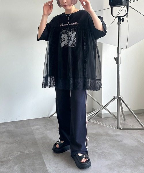 apres jour mignon（アプレジュールミニョン）の「チュールレースドッキングTシャツ【ZOZOTOWN限定アイテム】（Tシャツ/カットソー・レディース・ブラック/ナチュラル/ブラック系その他・フリー/X-LARGE）」の4枚目の写真