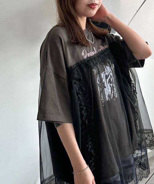 apres jour mignon（アプレジュールミニョン）の「チュールレースドッキングTシャツ【ZOZOTOWN限定アイテム】（Tシャツ/カットソー・レディース・ブラック/ナチュラル/ブラック系その他・フリー/X-LARGE）」の8枚目の写真
