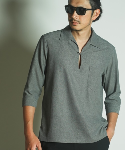 RATTLE TRAP（ラトルトラップ）の「リネンテックジャージ七分袖スキッパーシャツ（シャツ/ブラウス・メンズ・チャコールグレー/ライトグレー/ダークブルー・M/L/LL）」の2枚目の写真