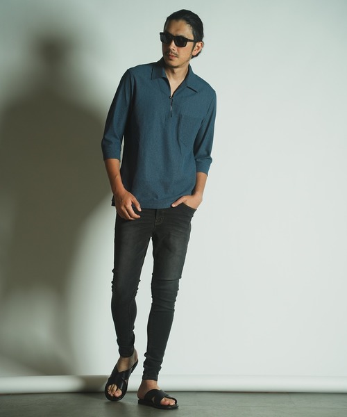 RATTLE TRAP（ラトルトラップ）の「リネンテックジャージ七分袖スキッパーシャツ（シャツ/ブラウス・メンズ・チャコールグレー/ライトグレー/ダークブルー・M/L/LL）」の9枚目の写真