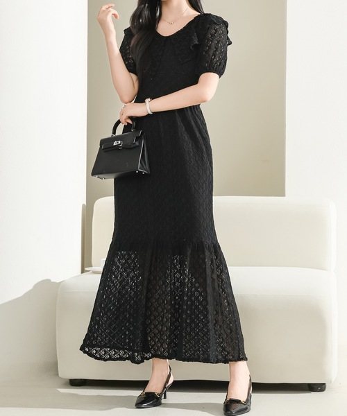 Lace Ladies(レースレディース)の「ビッグカラー フリル レース Iライン ロング ワンピース(ワンピース・レディース・アイボリー/グレー/ブラック・FREE)」の4枚目の写真