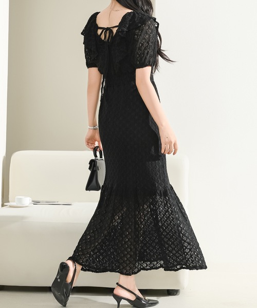 Lace Ladies(レースレディース)の「ビッグカラー フリル レース Iライン ロング ワンピース(ワンピース・レディース・アイボリー/グレー/ブラック・FREE)」の8枚目の写真