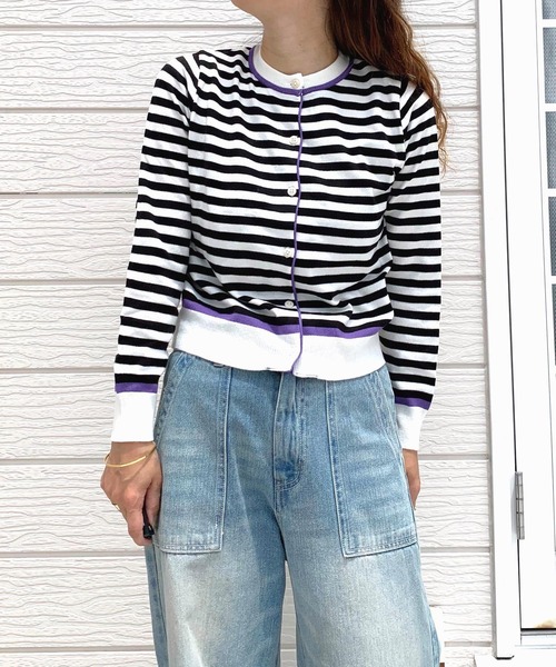 Q（キュー）の「配色ボーダーカーデ（カーディガン/ボレロ・レディース・ブラック系その他/ホワイト系その他/ブルー系その他・MEDIUM）」の10枚目の写真