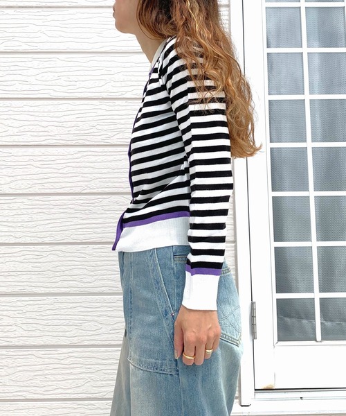 Q（キュー）の「配色ボーダーカーデ（カーディガン/ボレロ・レディース・ブラック系その他/ホワイト系その他/ブルー系その他・MEDIUM）」の11枚目の写真