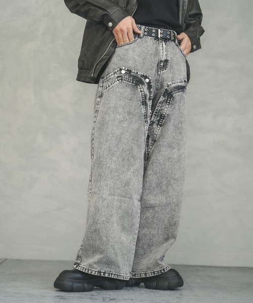 セール】ケミカルウォッシュハードブリーチストレートデニムパンツ