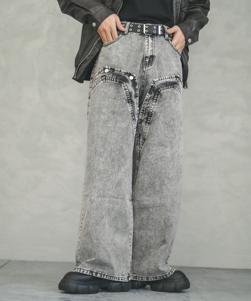 セール】ケミカルウォッシュハードブリーチストレートデニムパンツ