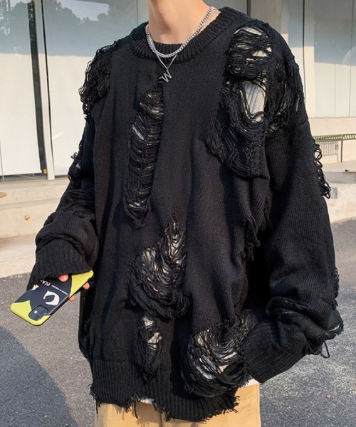 SEN TOKYO（セントーキョー）の「クルーネックダメージニットセーター（ニット/セーター・メンズ・グレー/ブラック・M/L）」の7枚目の写真