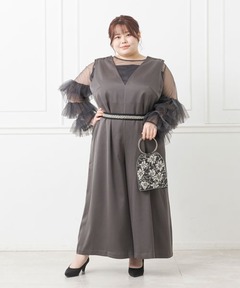 【大きいサイズ】ラッフルチュールブラウス×オールインワンドレス/プラスサイズ/ぽっちゃり/2L 3L 4L