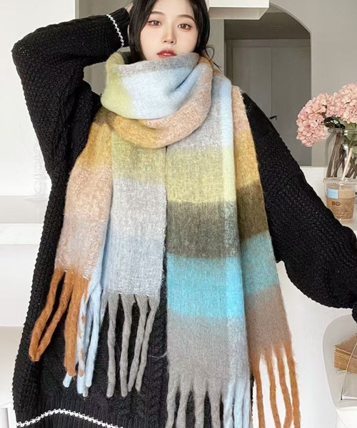 セール】ふんわりチェック柄 大判フリンジ モヘア風マフラー（マフラー