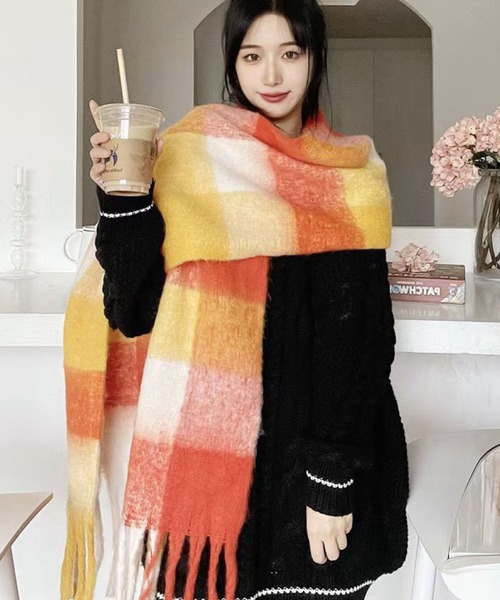 セール】ふんわりチェック柄 大判フリンジ モヘア風マフラー（マフラー