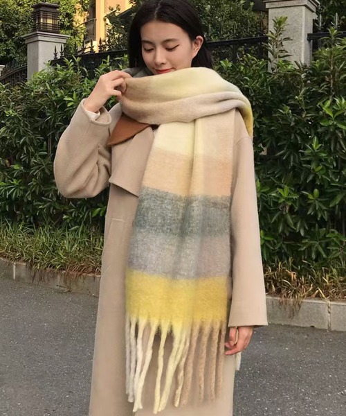 セール】ふんわりチェック柄 大判フリンジ モヘア風マフラー（マフラー