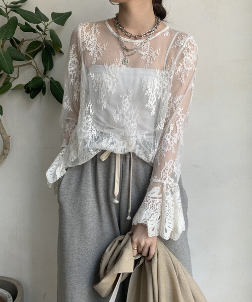 レースフレアブラウス（シャツ/ブラウス）｜DouDou（ドゥドゥ）の