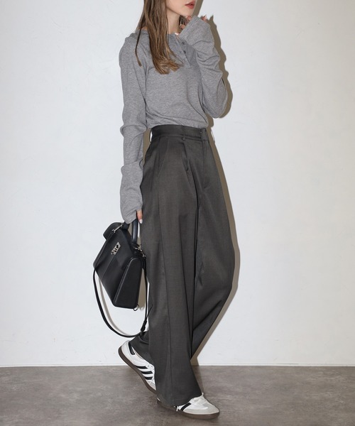 Bonjour Sagan（ボンジュールサガン）の「杢調タックワイドスラックスパンツ（スラックス・レディース・ライトベージュ/カーキブラウン/チャコールグレー/ダークネイビー/ブラウン系その他・MT/M）」の9枚目の写真