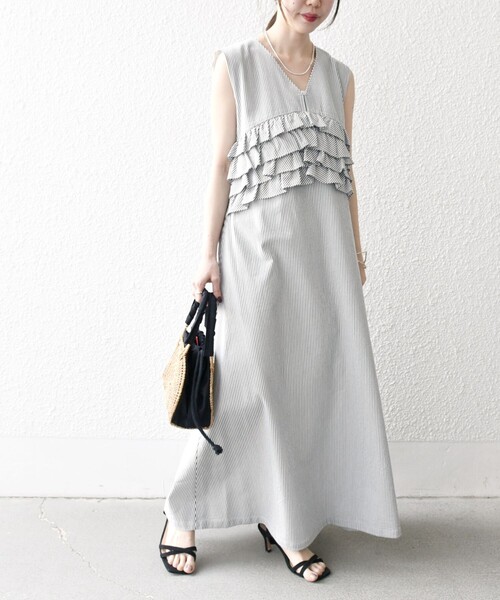 セール】SHIPS any:〈洗濯機可能〉コードレーン ストライプ フリル V