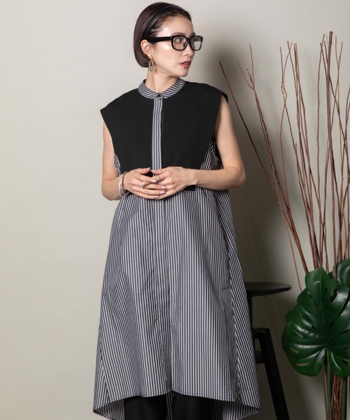 lodie(ロディ)の「バンドカラー ノースリ シャツワンピース(シャツワンピース・レディース・ブラック×ホワイト/ネイビー×ホワイト/ブラック/ネイビー・FREE)」の3枚目の写真