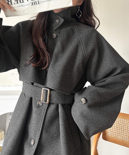 classicalelf（クラシカルエルフ）の「かわいさも、大人っぽさも叶える。着こなし自在の2way仕様が嬉しい♪ミドル丈アレンジコート（ステンカラーコート・レディース・チャコールグレー/ブラック/ブラウン・SMALL/MEDIUM/LARGE/X-LARGE）」の14枚目の写真