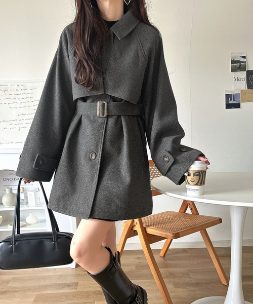classicalelf（クラシカルエルフ）の「かわいさも、大人っぽさも叶える。着こなし自在の2way仕様が嬉しい♪ミドル丈アレンジコート（ステンカラーコート・レディース・チャコールグレー/ブラック/ブラウン・SMALL/MEDIUM/LARGE/X-LARGE）」の13枚目の写真