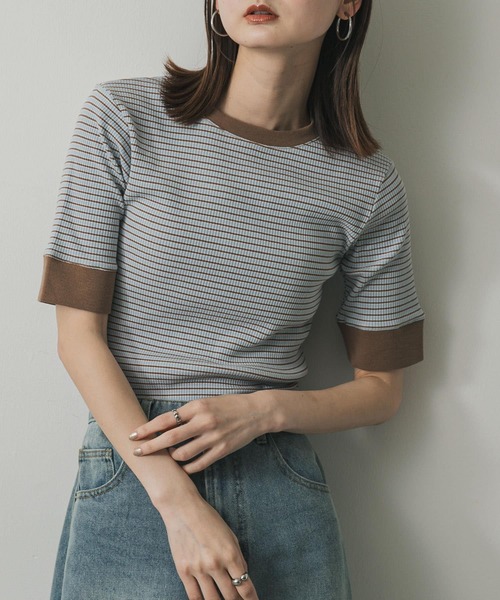 SENSE OF PLACE by URBAN RESEARCH（センスオブプレイスバイアーバンリサーチ）の「『一部WEB限定カラー』クルーネックリンガーボーダーTシャツ(5分袖)（Tシャツ/カットソー・レディース・ブラック系その他/イエロー系その他/ブルー系その他/レッド系その他・ONE）」の2枚目の写真