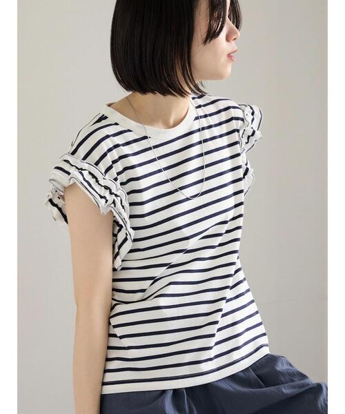 Samansa Mos2 blue（サマンサモスモスブルー）の「【接触冷感】フリル袖フレンチT（Tシャツ/カットソー・レディース・ブラック/ネイビー/プラム/ホワイト/オフホワイト・F）」の4枚目の写真