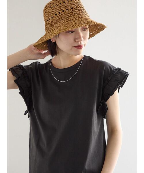 Samansa Mos2 blue（サマンサモスモスブルー）の「【接触冷感】フリル袖フレンチT（Tシャツ/カットソー・レディース・ブラック/ネイビー/プラム/ホワイト/オフホワイト・F）」の6枚目の写真