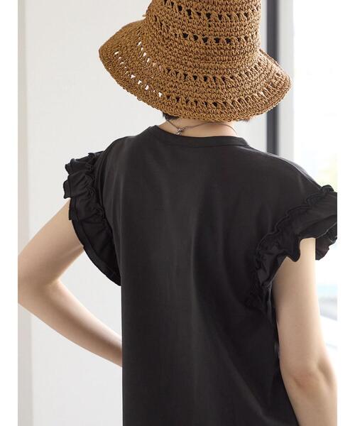 Samansa Mos2 blue（サマンサモスモスブルー）の「【接触冷感】フリル袖フレンチT（Tシャツ/カットソー・レディース・ブラック/ネイビー/プラム/ホワイト/オフホワイト・F）」の7枚目の写真