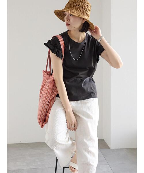 Samansa Mos2 blue（サマンサモスモスブルー）の「【接触冷感】フリル袖フレンチT（Tシャツ/カットソー・レディース・ブラック/ネイビー/プラム/ホワイト/オフホワイト・F）」の8枚目の写真