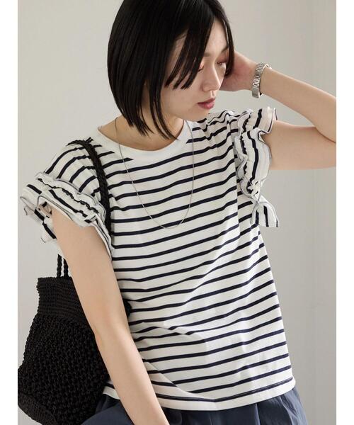 Samansa Mos2 blue（サマンサモスモスブルー）の「【接触冷感】フリル袖フレンチT（Tシャツ/カットソー・レディース・ブラック/ネイビー/プラム/ホワイト/オフホワイト・F）」の13枚目の写真