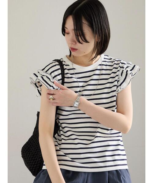 Samansa Mos2 blue（サマンサモスモスブルー）の「【接触冷感】フリル袖フレンチT（Tシャツ/カットソー・レディース・ブラック/ネイビー/プラム/ホワイト/オフホワイト・F）」の14枚目の写真