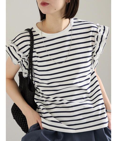 Samansa Mos2 blue（サマンサモスモスブルー）の「【接触冷感】フリル袖フレンチT（Tシャツ/カットソー・レディース・ブラック/ネイビー/プラム/ホワイト/オフホワイト・F）」の15枚目の写真