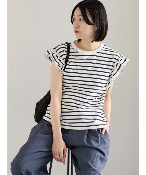 Samansa Mos2 blue（サマンサモスモスブルー）の「【接触冷感】フリル袖フレンチT（Tシャツ/カットソー・レディース・ブラック/ネイビー/プラム/ホワイト/オフホワイト・F）」の16枚目の写真