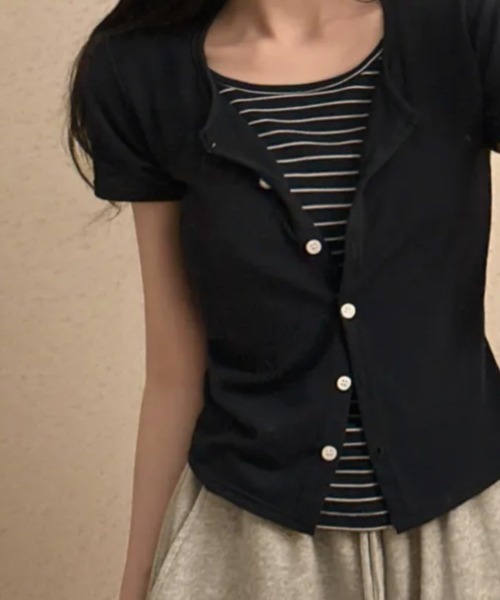 NANAHACHI（ナナハチ）の「レイヤード風カーディガン Tシャツ 半袖（Tシャツ/カットソー・レディース・ネイビー/チャコールグレー/ブラック・FREE）」の3枚目の写真