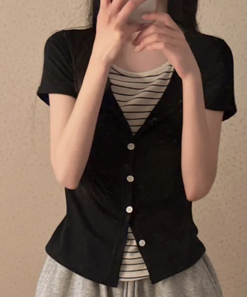 NANAHACHI（ナナハチ）の「レイヤード風カーディガン Tシャツ 半袖（Tシャツ/カットソー・レディース・ネイビー/チャコールグレー/ブラック・FREE）」の6枚目の写真