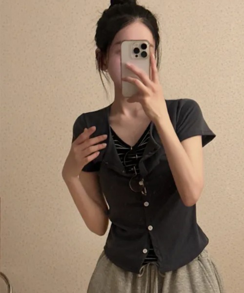 NANAHACHI（ナナハチ）の「レイヤード風カーディガン Tシャツ 半袖（Tシャツ/カットソー・レディース・ネイビー/チャコールグレー/ブラック・FREE）」の8枚目の写真