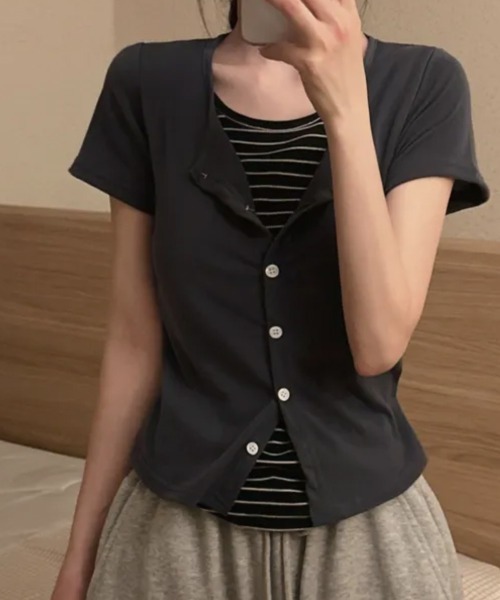 NANAHACHI（ナナハチ）の「レイヤード風カーディガン Tシャツ 半袖（Tシャツ/カットソー・レディース・ネイビー/チャコールグレー/ブラック・FREE）」の10枚目の写真
