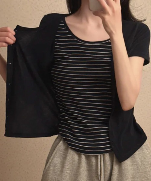 NANAHACHI（ナナハチ）の「レイヤード風カーディガン Tシャツ 半袖（Tシャツ/カットソー・レディース・ネイビー/チャコールグレー/ブラック・FREE）」の13枚目の写真
