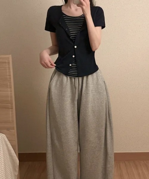 NANAHACHI（ナナハチ）の「レイヤード風カーディガン Tシャツ 半袖（Tシャツ/カットソー・レディース・ネイビー/チャコールグレー/ブラック・FREE）」の14枚目の写真
