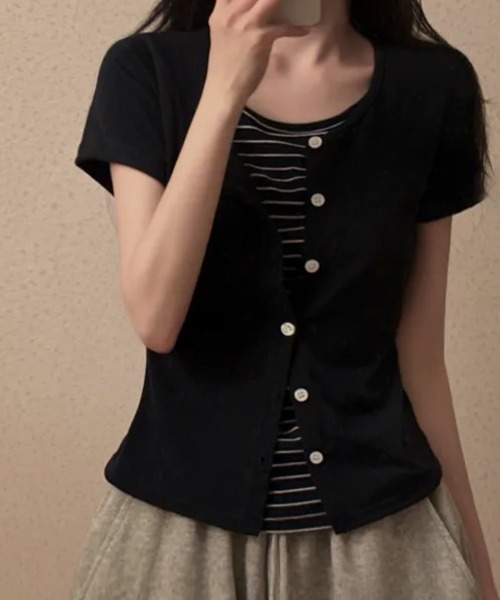 NANAHACHI（ナナハチ）の「レイヤード風カーディガン Tシャツ 半袖（Tシャツ/カットソー・レディース・ネイビー/チャコールグレー/ブラック・FREE）」の15枚目の写真