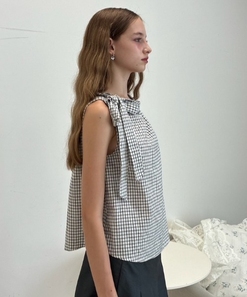 Birthday room（バースデイルーム）の「ノースリリボンチェックブラウス/Sleeveless ribbon check blouse（シャツ/ブラウス・レディース・ネイビー/ホワイト・FREE）」の19枚目の写真