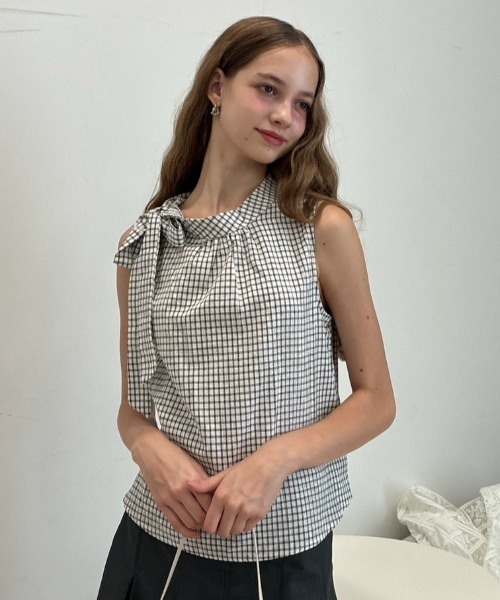 ノースリリボンチェックブラウス/Sleeveless ribbon check