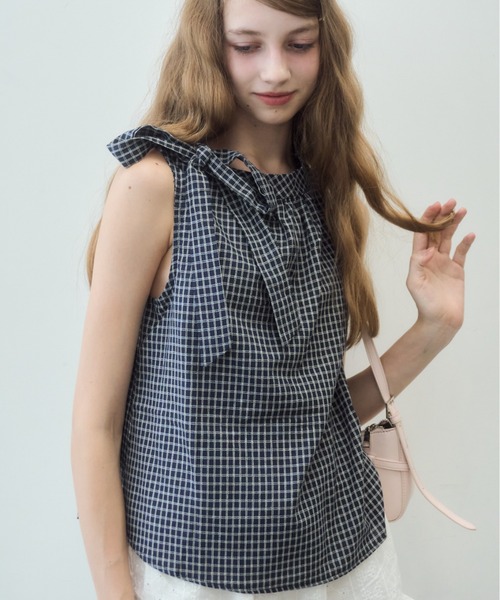 Birthday room（バースデイルーム）の「ノースリリボンチェックブラウス/Sleeveless ribbon check blouse（シャツ/ブラウス・レディース・ネイビー/ホワイト・FREE）」の4枚目の写真