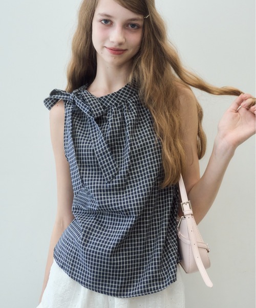 Birthday room（バースデイルーム）の「ノースリリボンチェックブラウス/Sleeveless ribbon check blouse（シャツ/ブラウス・レディース・ネイビー/ホワイト・FREE）」の5枚目の写真