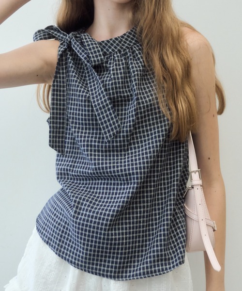 Birthday room（バースデイルーム）の「ノースリリボンチェックブラウス/Sleeveless ribbon check blouse（シャツ/ブラウス・レディース・ネイビー/ホワイト・FREE）」の6枚目の写真