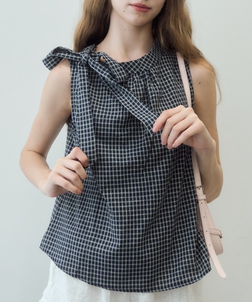Birthday room（バースデイルーム）の「ノースリリボンチェックブラウス/Sleeveless ribbon check blouse（シャツ/ブラウス・レディース・ネイビー/ホワイト・FREE）」の9枚目の写真