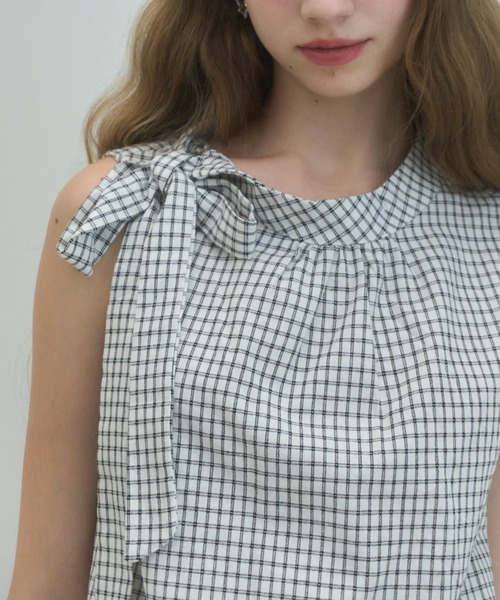 Birthday room（バースデイルーム）の「ノースリリボンチェックブラウス/Sleeveless ribbon check blouse（シャツ/ブラウス・レディース・ネイビー/ホワイト・FREE）」の12枚目の写真