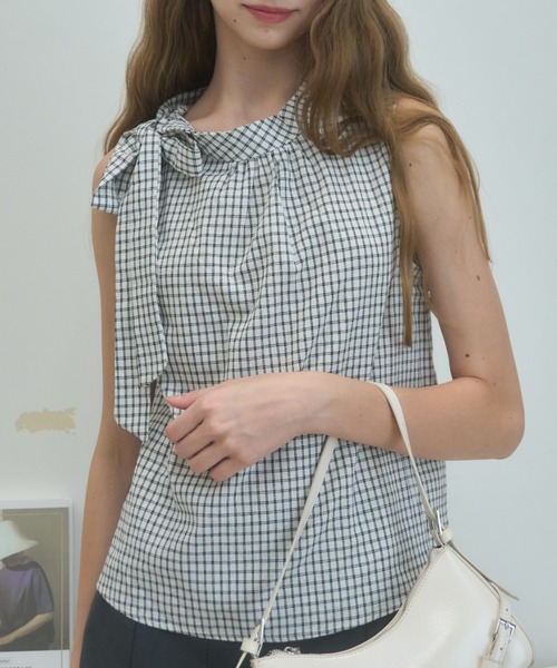 ノースリリボンチェックブラウス/Sleeveless ribbon check