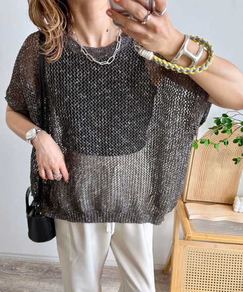 NOAHL（ノアル）の「【NOAHL】《mayoさんコラボ》サマーニットメッシュトップス（ニット/セーター・レディース・ベージュ/ブラウン/グレー/アイボリー・FREE）」の3枚目の写真