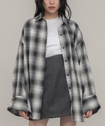 ワイドスリーブフランネルシャツ/長袖 前開き チェックシャツ ブラウン ブラック 春服 秋服 冬服 レイヤード 羽織り 韓国 ノームコア シティガール カジュアル 柄