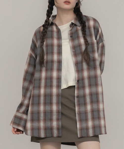 HEILIS(ヘイリス)の「ワイドスリーブフランネルシャツ/長袖 前開き チェックシャツ ブラウン ブラック 春服 秋服 冬服 レイヤード 羽織り 韓国 ノームコア シティガール カジュアル 柄(シャツ/ブラウス・レディース・ブラック/ブラウン・FREE)」の21枚目の写真