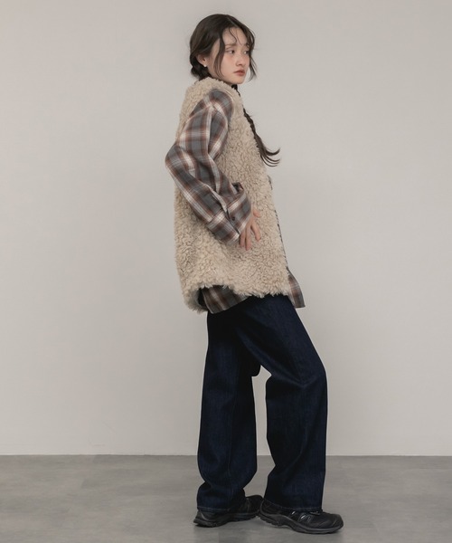 HEILIS(ヘイリス)の「ワイドスリーブフランネルシャツ/長袖 前開き チェックシャツ ブラウン ブラック 春服 秋服 冬服 レイヤード 羽織り 韓国 ノームコア シティガール カジュアル 柄(シャツ/ブラウス・レディース・ブラック/ブラウン・FREE)」の7枚目の写真